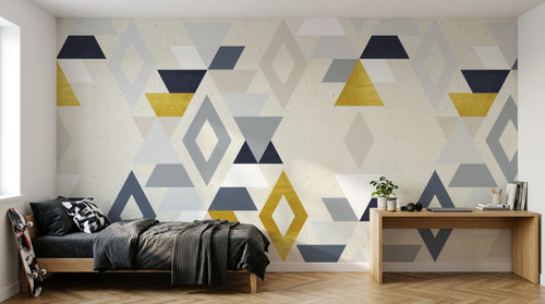 Design ZX0755 — Papier peint Triangles jaune bleu marine Memphis — Novomur