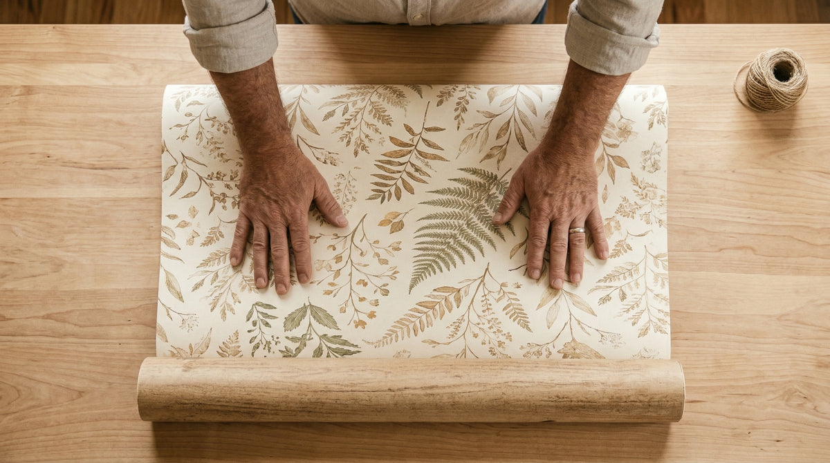 Deux mains qui déroulent un papier peint floral Novomur sur une table en bois