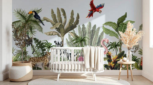 Design B005 — Papier peint Jungle stylisee animaux et flamants roses — Novomur