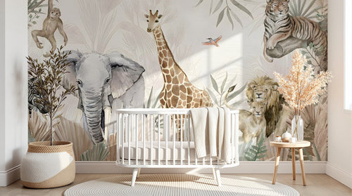 Design B009 — Papier peint Safari pastel rose et sauge animaux varies — Novomur