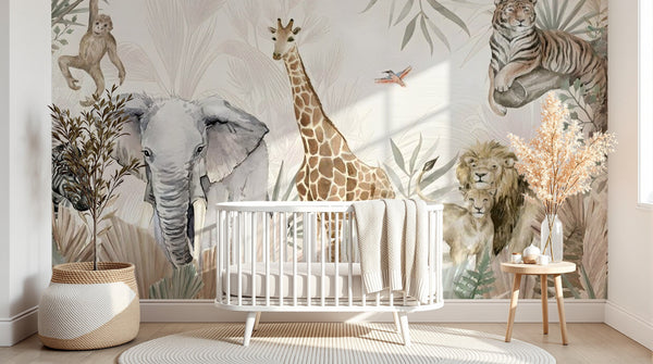 Papier peint Jungle Enfant Tigre & Singes - Sur mesure