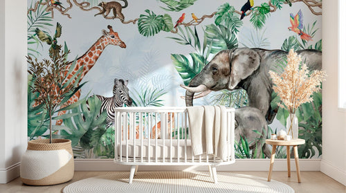 Design B011 — Papier peint Safari jungle vert vif animaux nombreux — Novomur