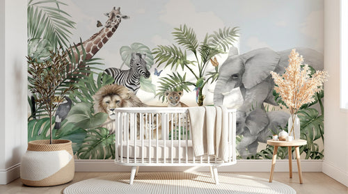 Design B013 — Papier peint Safari panoramique familles animaux — Novomur