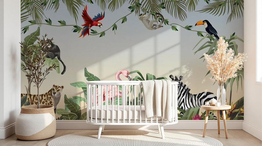 Design B019 — Papier peint Jungle vibrante illustree animaux exotiques — Novomur