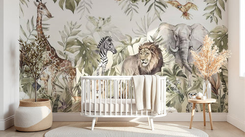 Design B024 — Papier peint Safari aquarelle vert sauge animaux multiples — Novomur