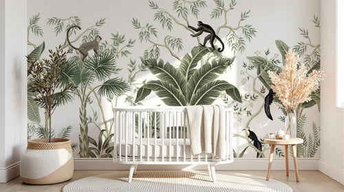 Design B027 — Papier peint Chinoiserie animaux exotiques bambou tons sauge — Novomur