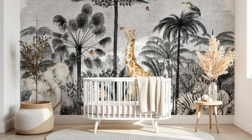 Design B030 — Papier peint Safari gravure noir blanc animaux en couleur — Novomur