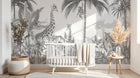 Design B034 — Papier peint Safari gravure monochrome gris palmiers — Novomur