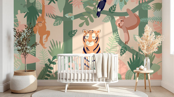 Papier peint Jungle Enfant Tigre & Singes - Sur mesure