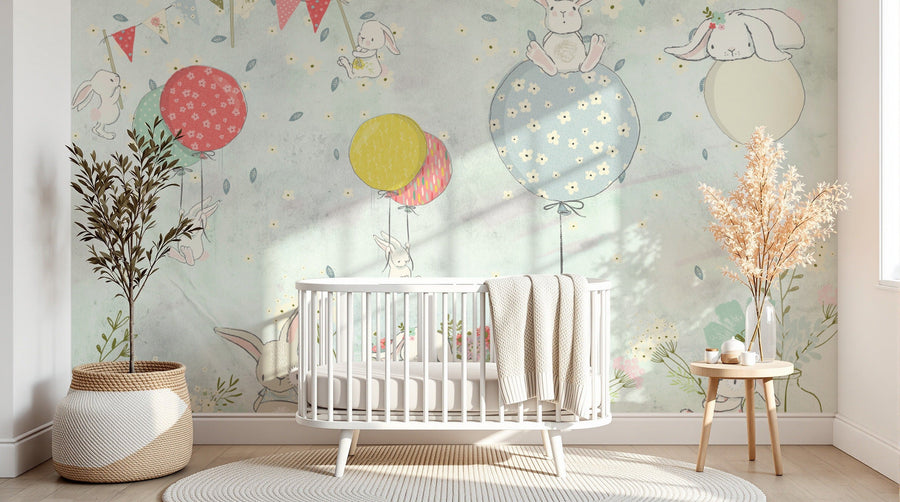 Design FC335 — Papier peint Lapins ballons aquarelle enfant — Novomur