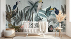 Design SL0029 — Papier peint Jungle moderne animaux exotiques fond bois bleu — Novomur