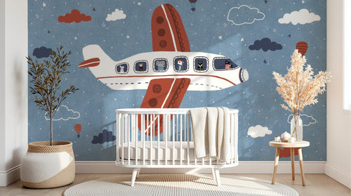 Design SL0046 — Papier peint Avion enfant animaux montgolfieres ciel — Novomur