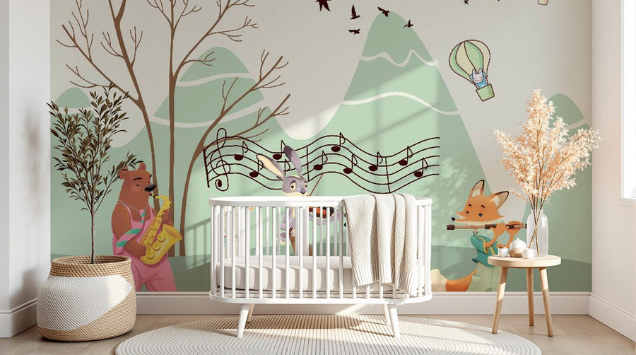 Design SL0205 — Papier peint Animaux musiciens montgolfieres montagne — Novomur