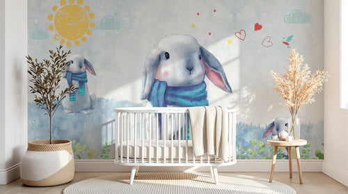 Design SL0213 — Papier peint Lapin blanc echarpe enfant aquarelle — Novomur