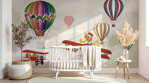 Design SL0326 — Papier peint Montgolfieres avions enfants animaux ciel — Novomur