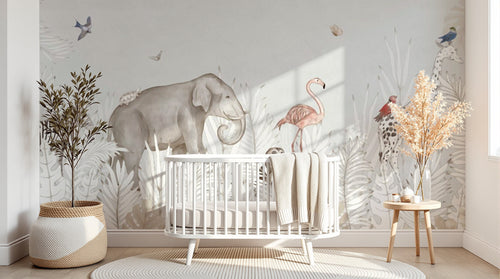 Design SL0327 — Papier peint Safari pastel feuillage tropical animaux — Novomur