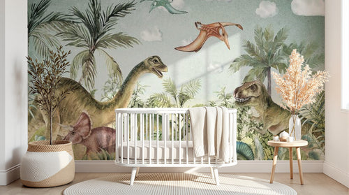 Design SL0485 — Papier peint Dinosaures jungle prehistorique aquarelle — Novomur