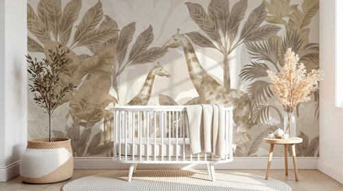Design SL0524 — Papier peint Girafes palmes sepia beige vintage — Novomur