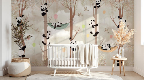 Design SL0581 — Papier peint Pandas grimpants ballons hamacs enfant — Novomur