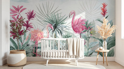 Design SL0677 — Papier peint Flamants roses jungle hibiscus aquarelle — Novomur
