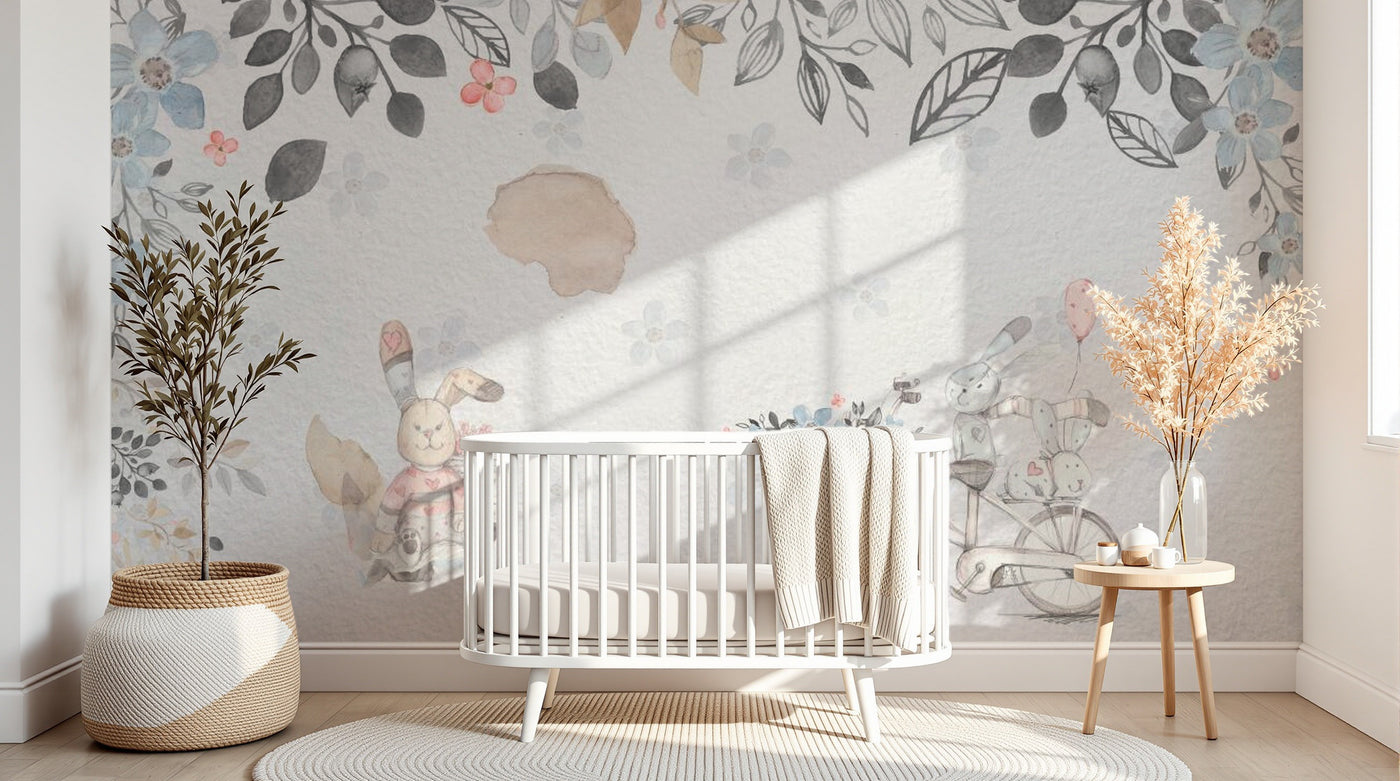 Design SL0679 — Papier peint Lapins velo fleurs aquarelle enfant — Novomur