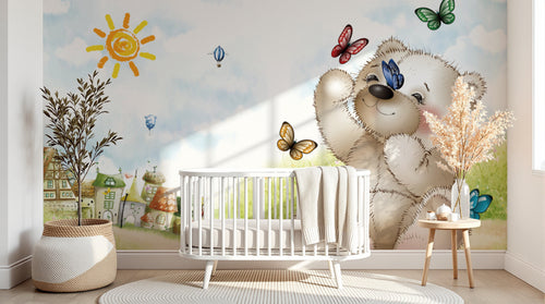 Design SL0692 — Papier peint Ours peluche papillons village soleil enfant — Novomur