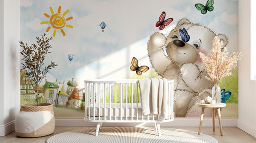 Design SL0692 — Papier peint Ours peluche papillons village soleil enfant — Novomur