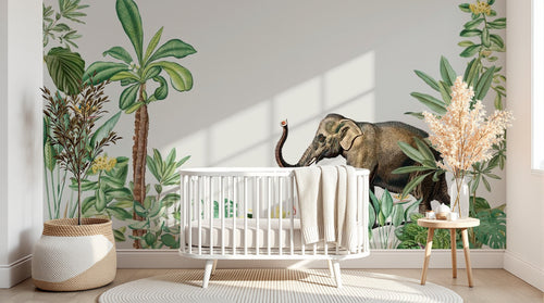 Design SL0779 — Papier peint Elephant jungle palmiers oiseaux paradis — Novomur