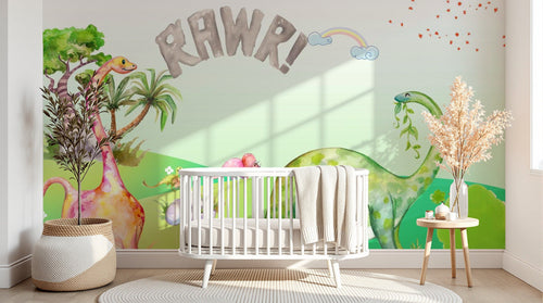 Design SL0795 — Papier peint Dinosaures aquarelle paysage RAWR enfant — Novomur