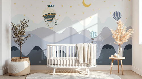 Design SL0849 — Papier peint Vagues bleues montgolfieres lune enfant — Novomur