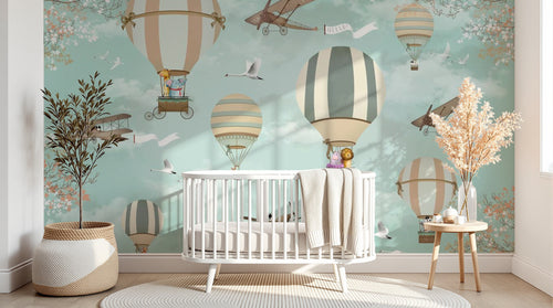 Design ZX0569 — Papier peint Montgolfieres avions animaux ciel turquoise — Novomur