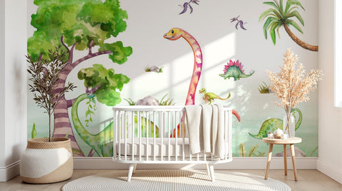 Design ZX0692 — Papier peint Dinosaures aquarelle arbres enfant — Novomur
