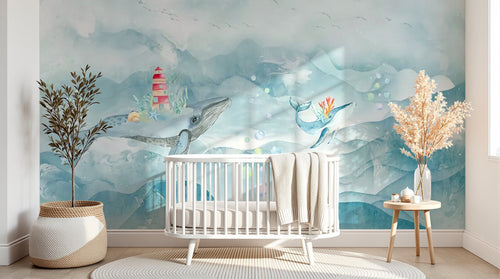 Design ZX0790 — Papier peint Baleines ocean phare aquarelle enfant — Novomur