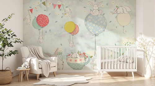Design FC335 — Papier peint Lapins ballons aquarelle enfant — Novomur