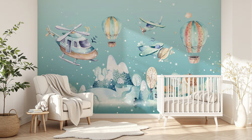 Design SL0064 — Papier peint Helicoptere avions montgolfieres village hiver — Novomur