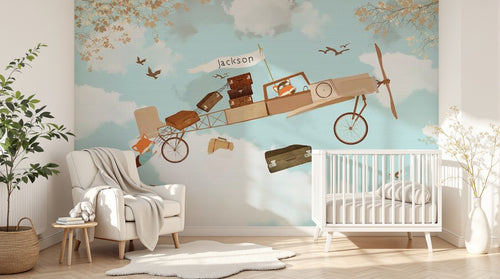 Design SL0200 — Papier peint Avion bois enfant valises Jackson ciel — Novomur
