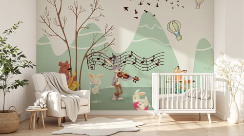 Design SL0205 — Papier peint Animaux musiciens montgolfieres montagne — Novomur