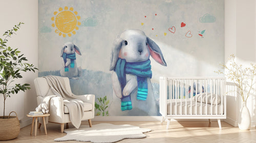 Design SL0213 — Papier peint Lapin blanc echarpe enfant aquarelle — Novomur
