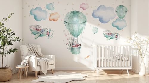 Design SL0274 — Papier peint Lapins aviateurs avions montgolfiere — Novomur