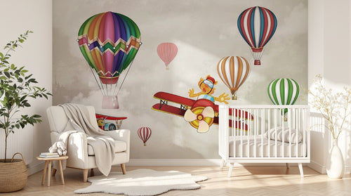 Design SL0326 — Papier peint Montgolfieres avions enfants animaux ciel — Novomur