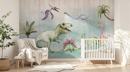Design SL0352 — Papier peint Dinosaures aquarelle palmiers paysage — Novomur