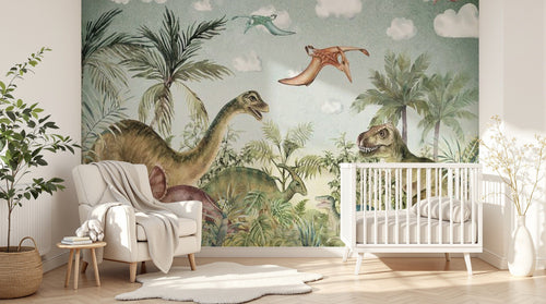Design SL0485 — Papier peint Dinosaures jungle prehistorique aquarelle — Novomur