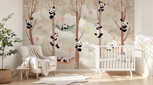 Design SL0581 — Papier peint Pandas grimpants ballons hamacs enfant — Novomur