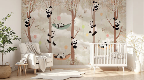 Design SL0581 — Papier peint Pandas grimpants ballons hamacs enfant — Novomur