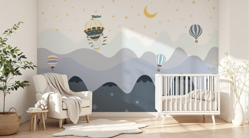 Design SL0849 — Papier peint Vagues bleues montgolfieres lune enfant — Novomur