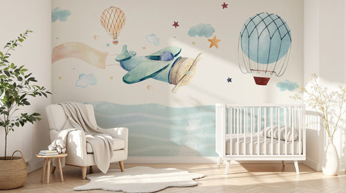 Design SL0876 — Papier peint Avion papier montgolfiere mer aquarelle — Novomur