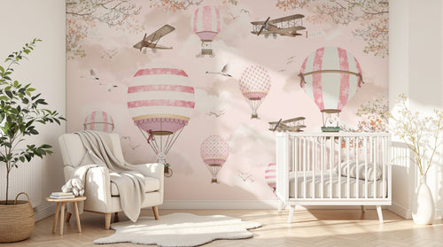 Design ZX0556 — Papier peint Montgolfieres avions roses ciel poudre — Novomur