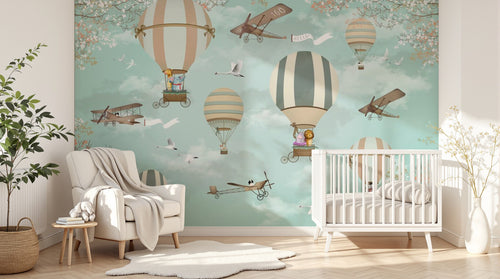 Design ZX0569 — Papier peint Montgolfieres avions animaux ciel turquoise — Novomur