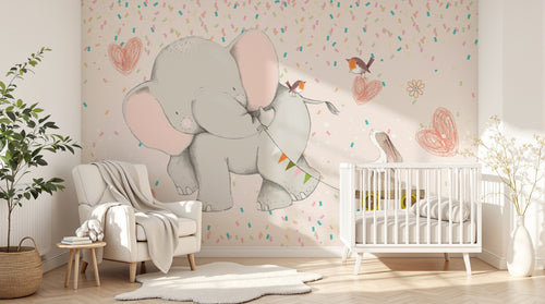 Design ZX0593 — Papier peint Elephants lapin charrette confettis enfant — Novomur