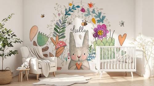 Design ZX0662 — Papier peint Lapin couronne fleurs hello enfant — Novomur